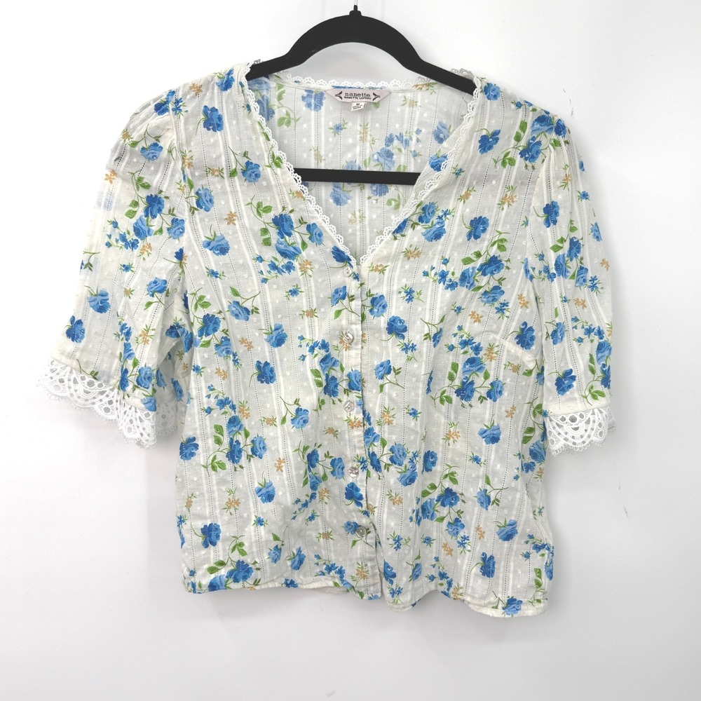 Nanette Lepore Floral Blouse Womens M Swiss Dot Coquette Cottagecore Indie Boho